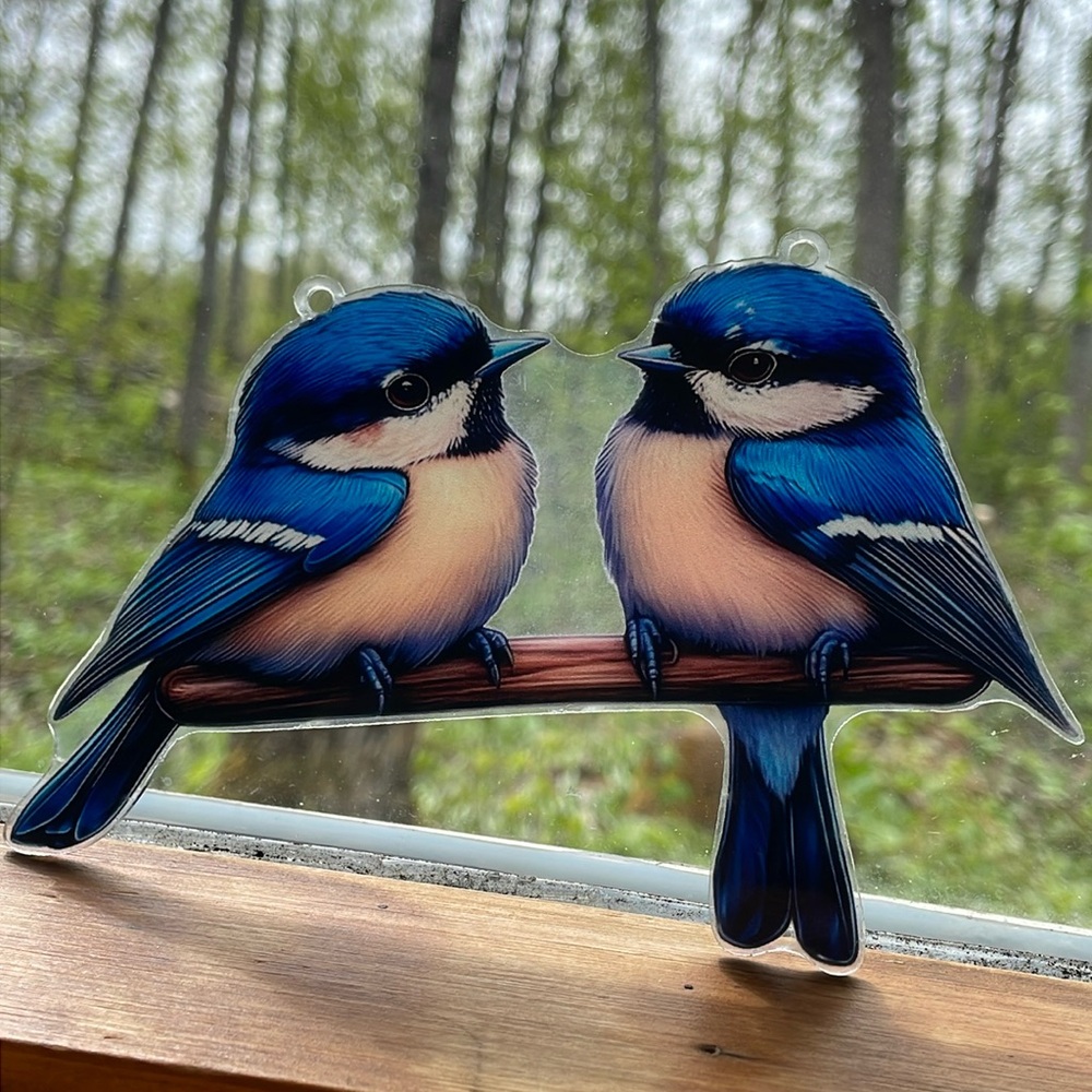 Suncatcher Acrylic Blue Chickadee Birds Decorative Faux Stained Glass New 6”